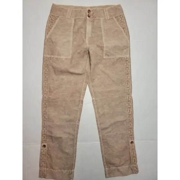 Sundance Pants Womens 6 Organia Lace Panel Linen Blend Relaxed Straight Bohemian - Picture 2 of 8